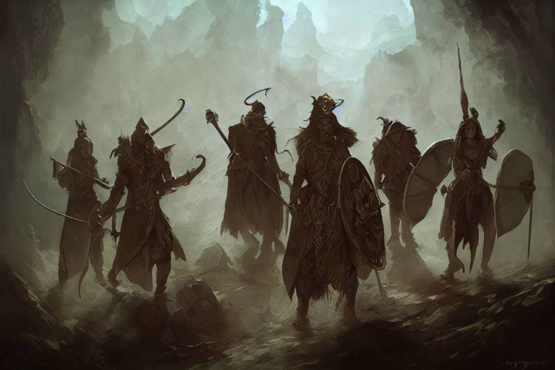Shadowy figures with weapons and shields gathering