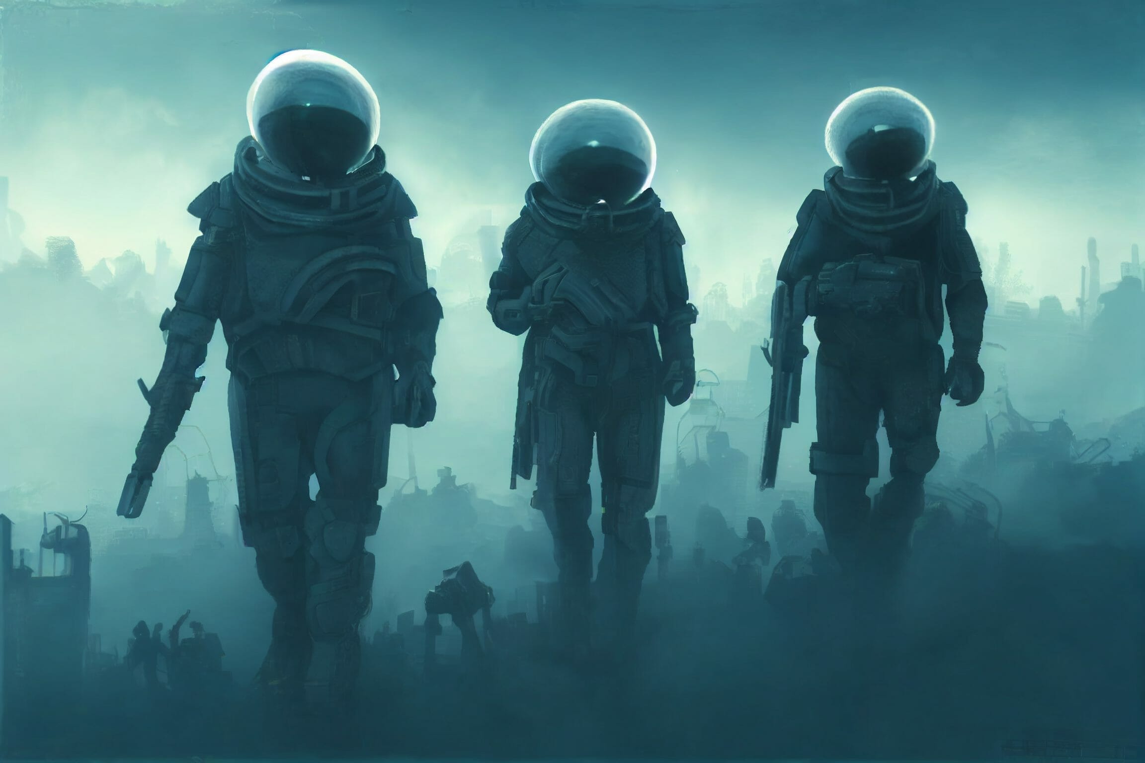 Spacesuited mercenaries walk across ruins