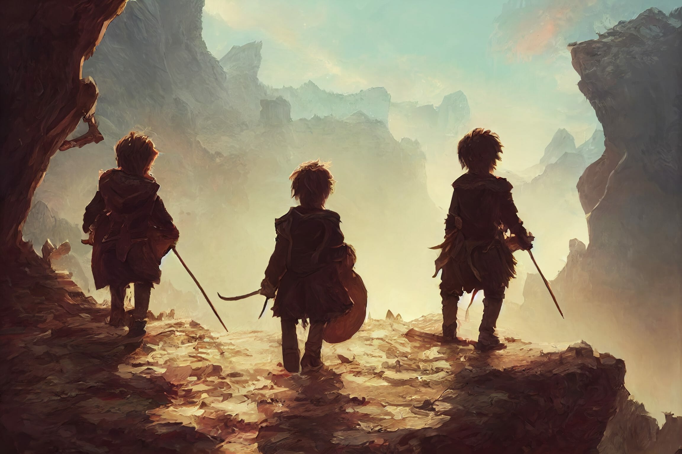 Three young adventurers stand on a cliff/mountain edge and look out on a valley extending ahead of them