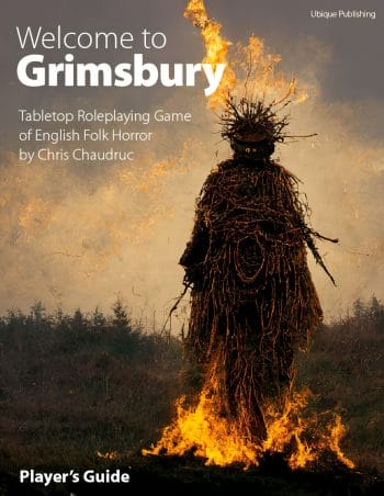 Welcome to Grimsbury cover showing burning wickerman / bonfire