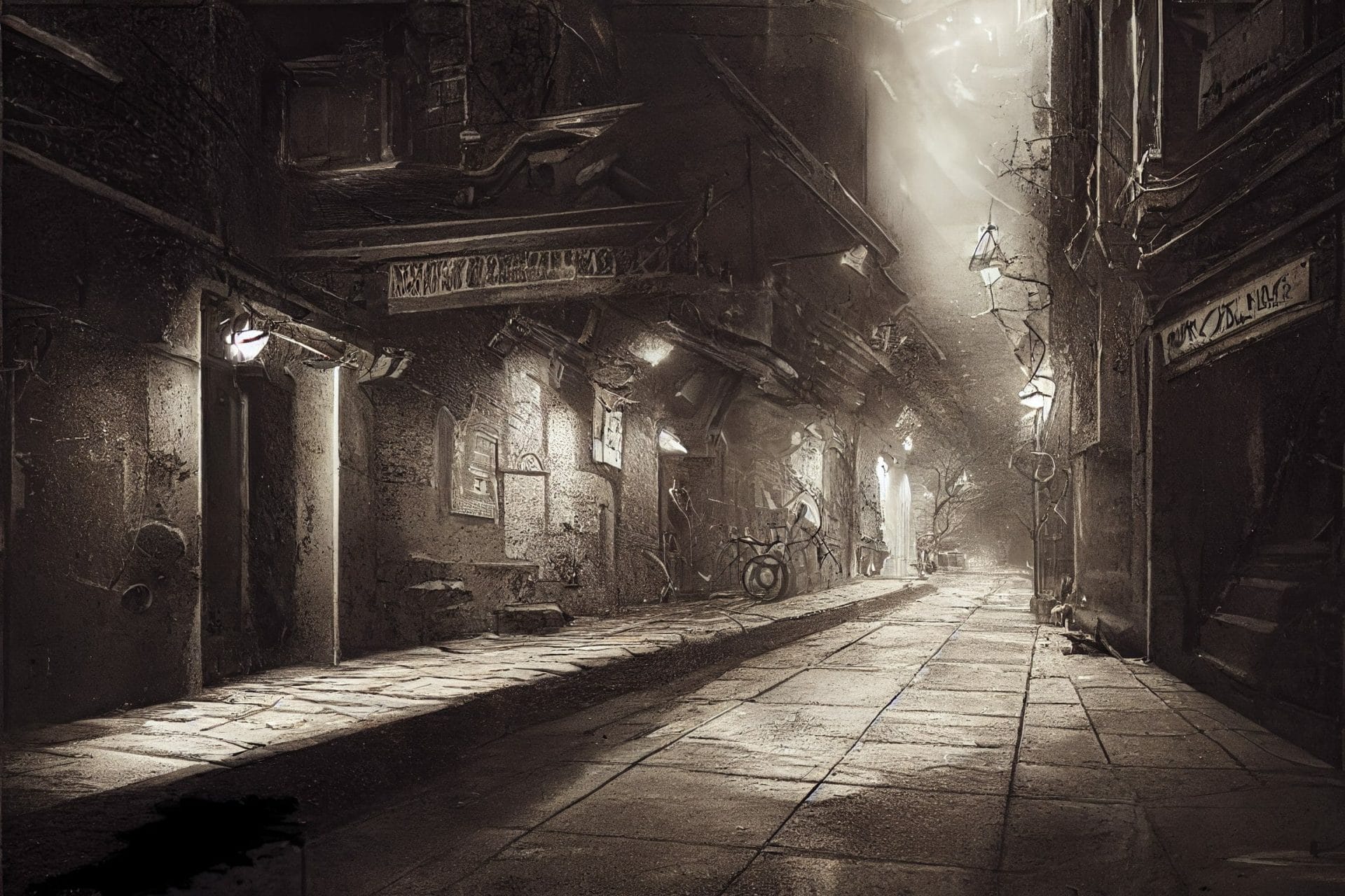Black and white alley with paving stones and old style street lights