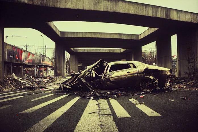 Crashed car on underpass
