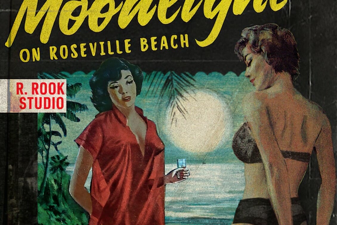 Moonlight on Roseville Beach cover - two women in underwear drink by moonlight