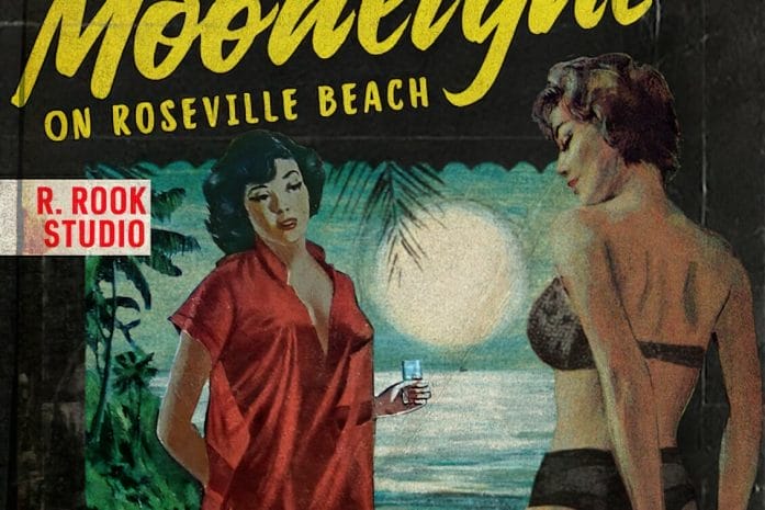 Moonlight on Roseville Beach cover - two women in underwear drink by moonlight