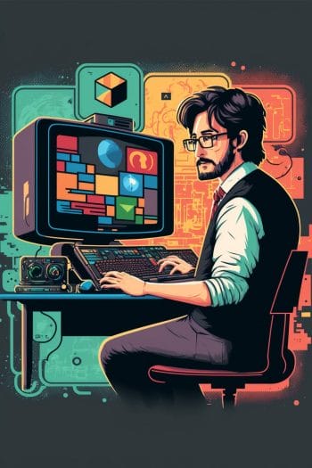 Teacher at computer - stylish illustration