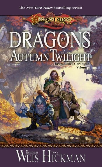 Dragons of Autumn Twilight new cover showing dwarf, half-elf and human in heroic pose
