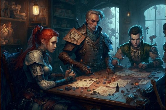 Fantasy characters around a gaming table