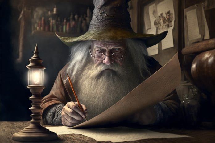 Wizard writing into a scroll