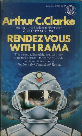 Old Rendezvous with Rama cover with space man looking alien in suit