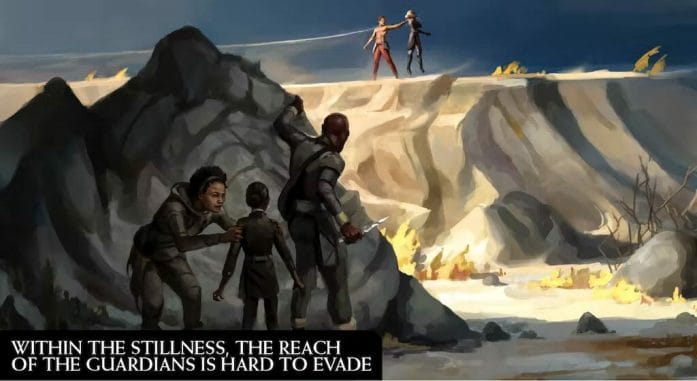 Fifth Season RPG art - family hides behind rock from strangers