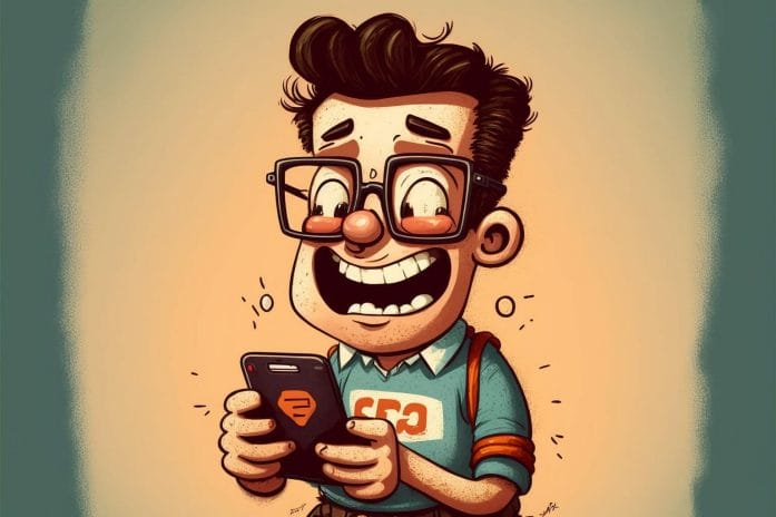 Toon man vibrantly interacts with his smart phone