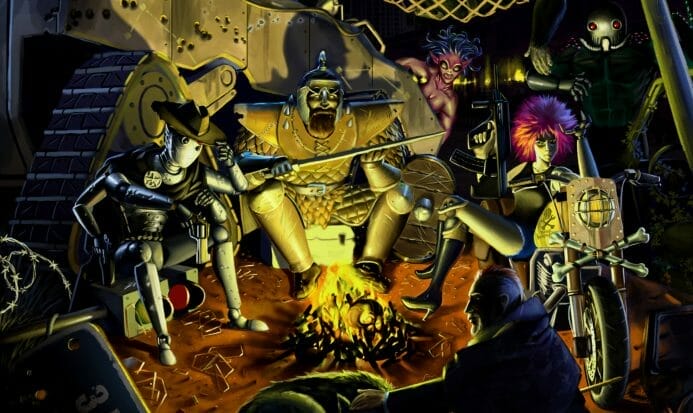 Afterlife cover showing post-apoc party around campfire