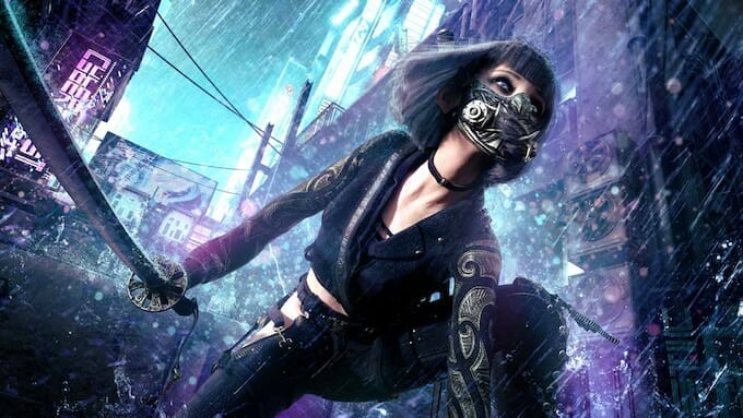 Cyberpunk sword warrior in the rain