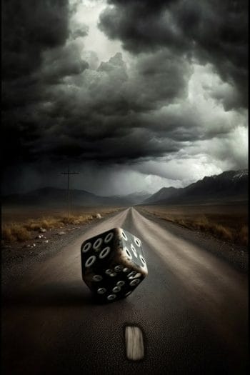 A dice rolling down a stormy road