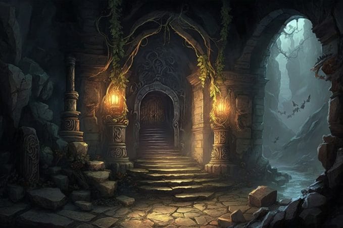A fantasy dungeon showing a doorway in a dark cavern