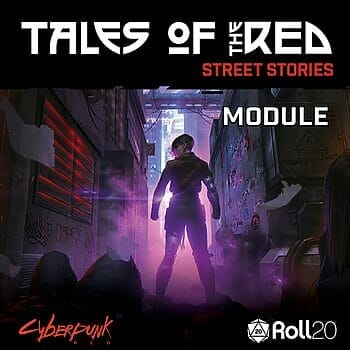 Tales from the RED roll20 module cover - cyberpunk in purple tinted alley