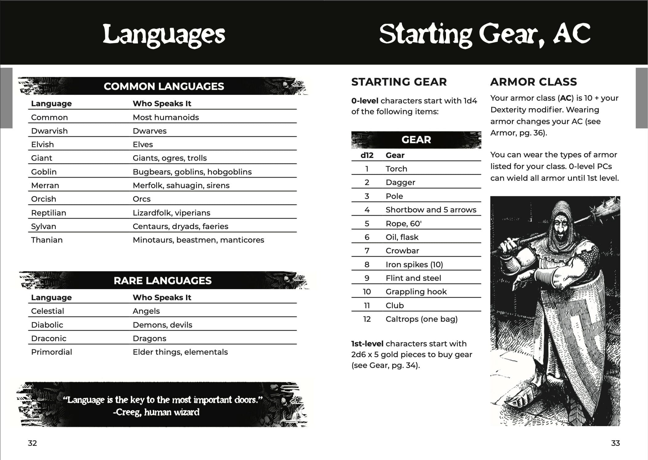 Shadowdark black and white sample - languages & Starting gear