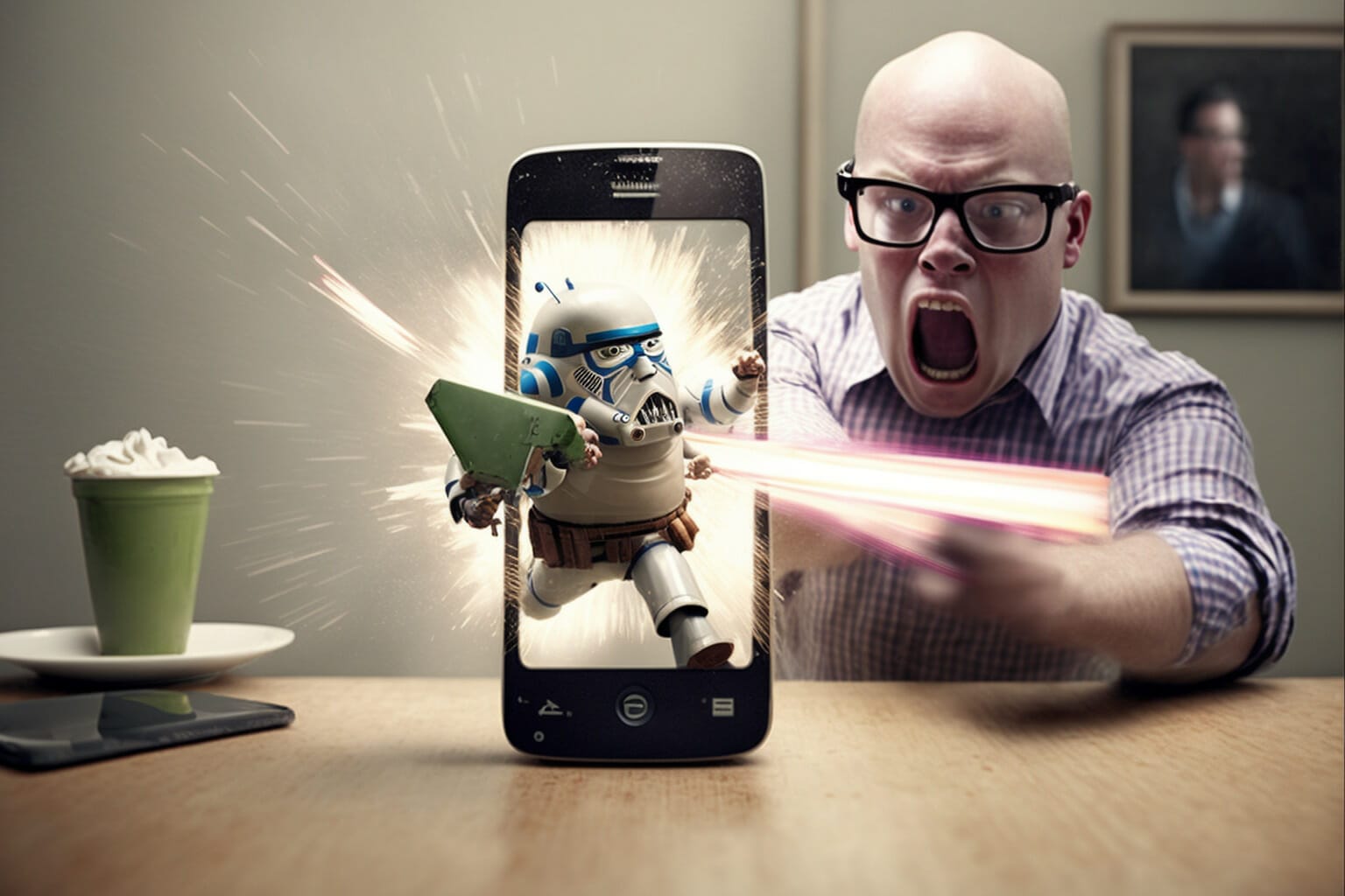 Angry man in smartphone laser gun fight