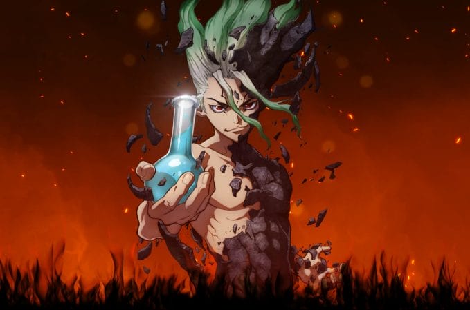 Dr Stone holding a beaker as he breaks free from the Earth
