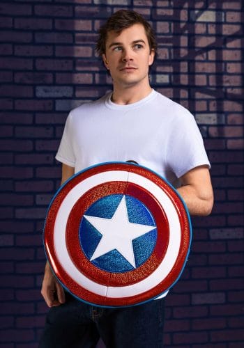 Man models with Captain America shield bag