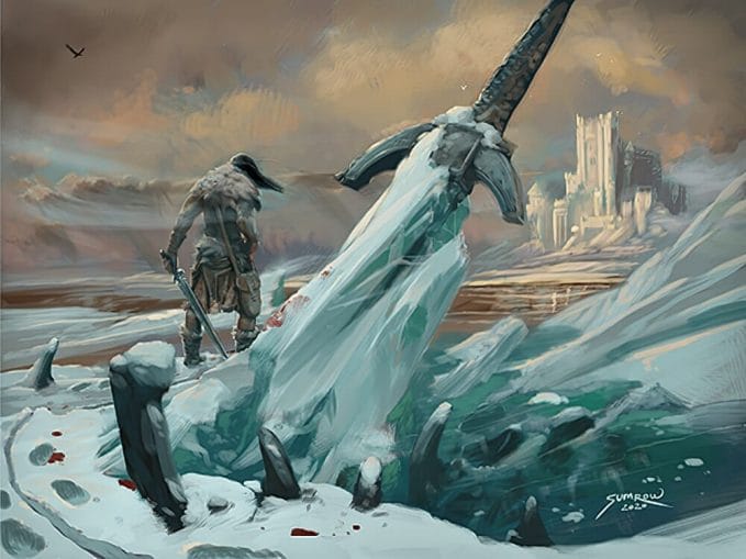 Frozen sword with poorly clad warrior walking away