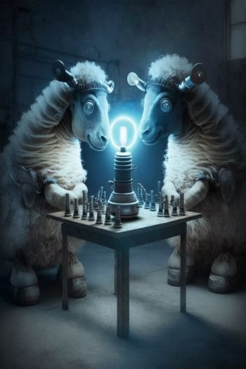 Android sheep playing chess