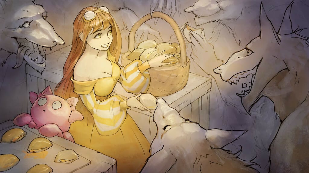 Person in yellow dress with basket of food surrounded by wolf-like monsters