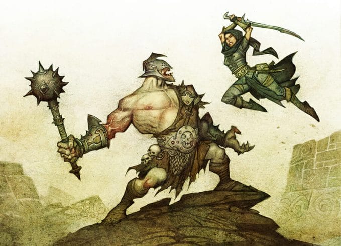 Slender sword warrior hurls self as muscled mace wielder