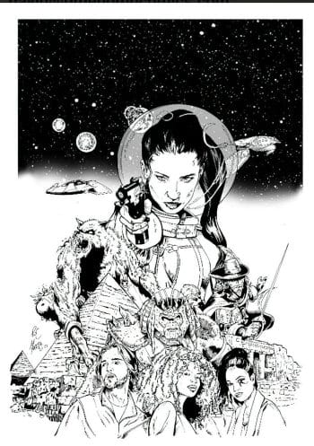 Black and white Quantum illustration - space woman with gun