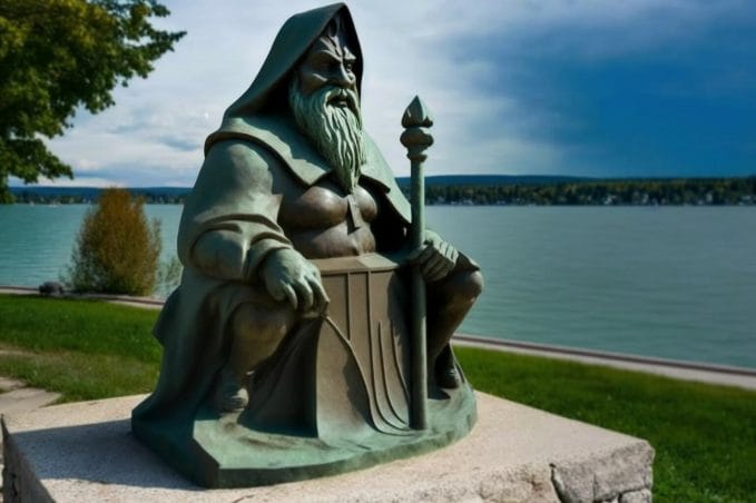 A foolish AI render showing a weird statue of a man in a cowl and squating beside Lake Geneva