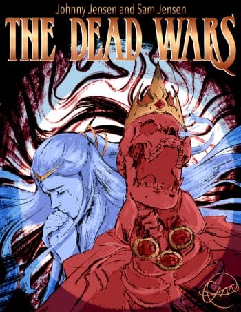 The Dead Wars cover - red skeleton in crown and weeping blue fey in more humble crown