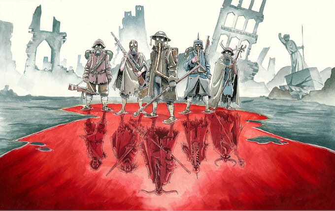 WW1 soldiers in gasmasks stand in blood soaked ruins