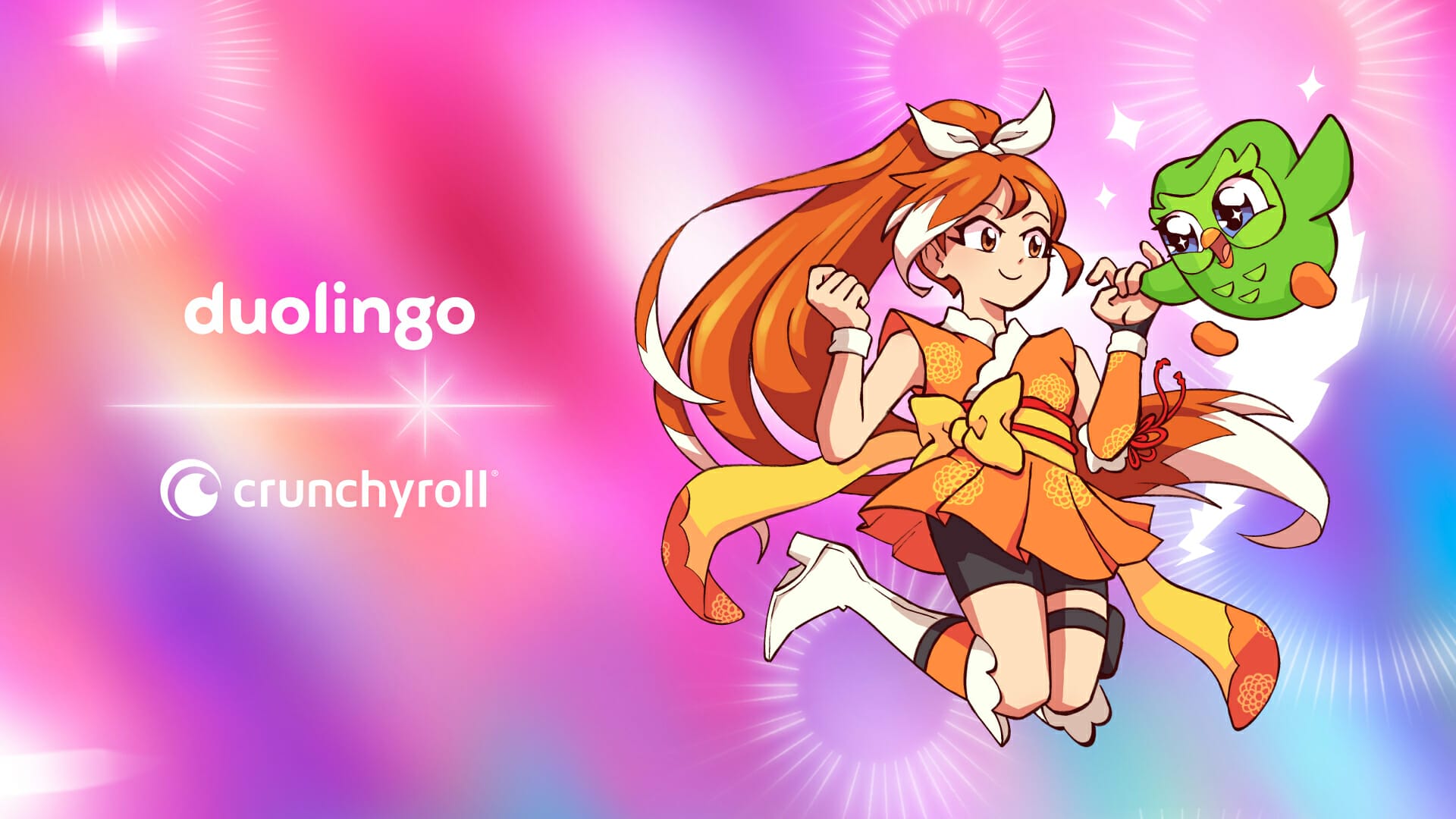 Duolingo and Crunchyroll mascots celebrate together