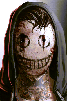 Smiling mask in a hood