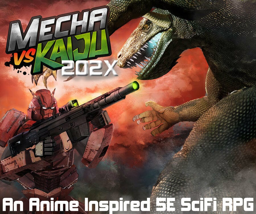 Mecha warrior fights dinosaur kaiju