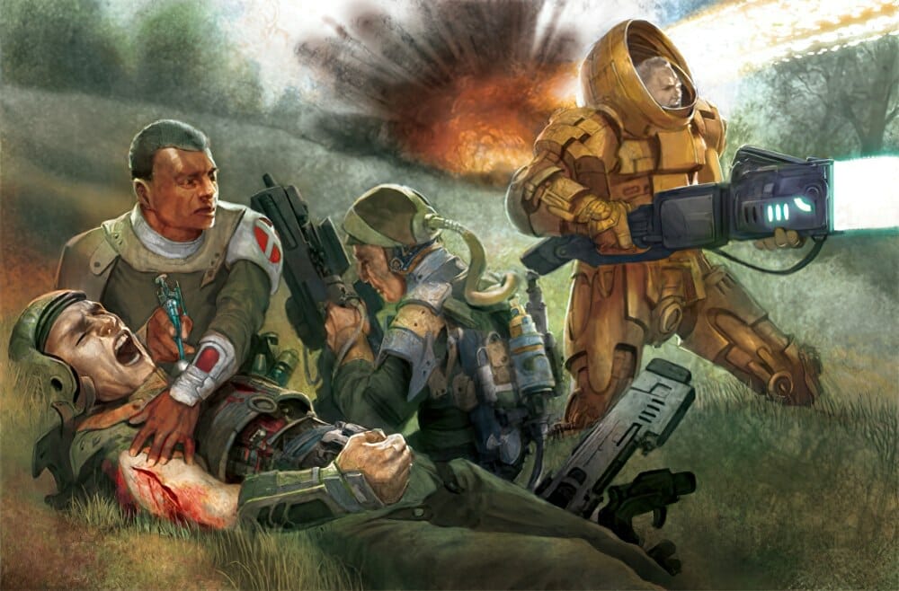 Dias Ex Machina art - sci-fi warriors on a battlefield
