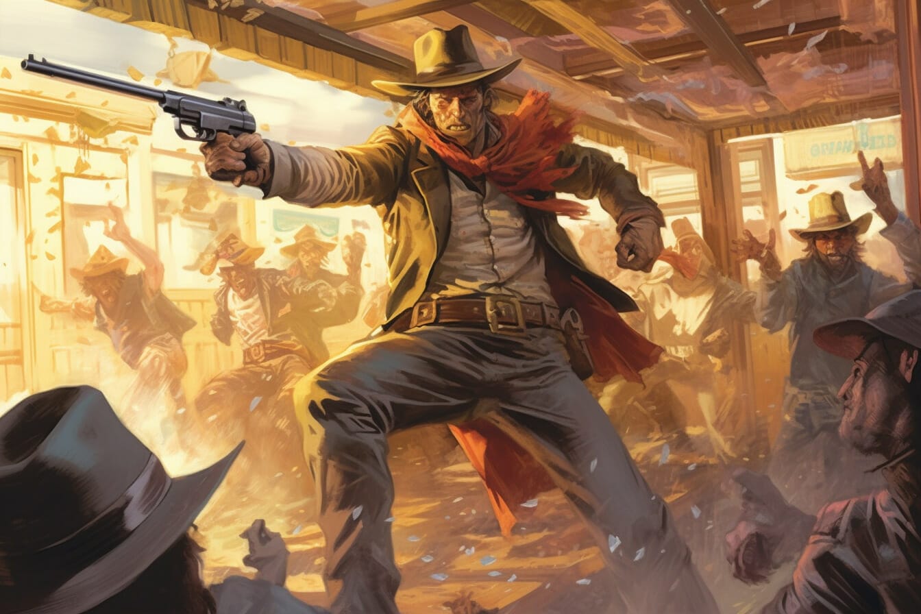 Zombie cowboy starts saloon fight