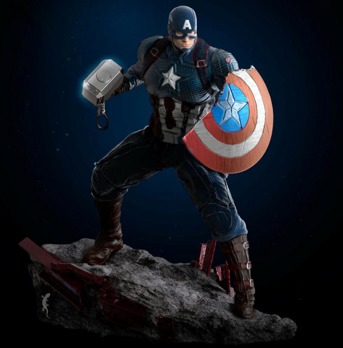Captain America, painted and wielding Thor's hammer