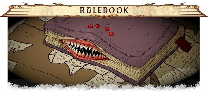Rulebook with eyes and teeth