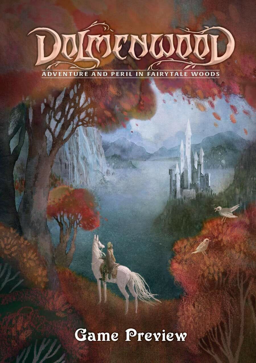 Dolemnwood Game Preview shows autumn woods with fairy castle in the background and lone rider in white horse in the fore