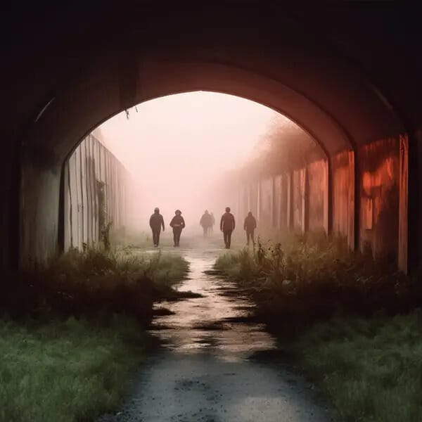 People walk down urban tunnel