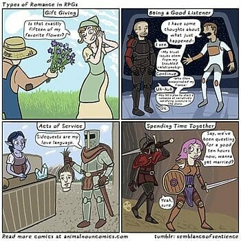 Four panel strip of easy questions to make NPCs date/marry your PC