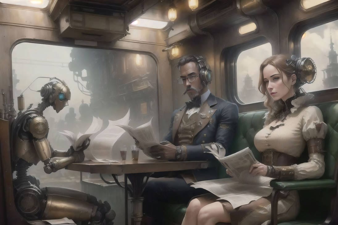 Steampunk readers in carriage 