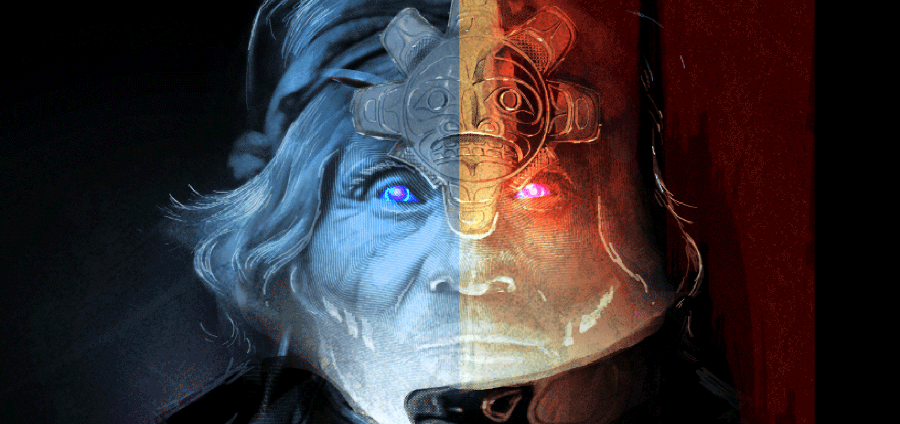 Coyote & Crow face in lights of red and blue