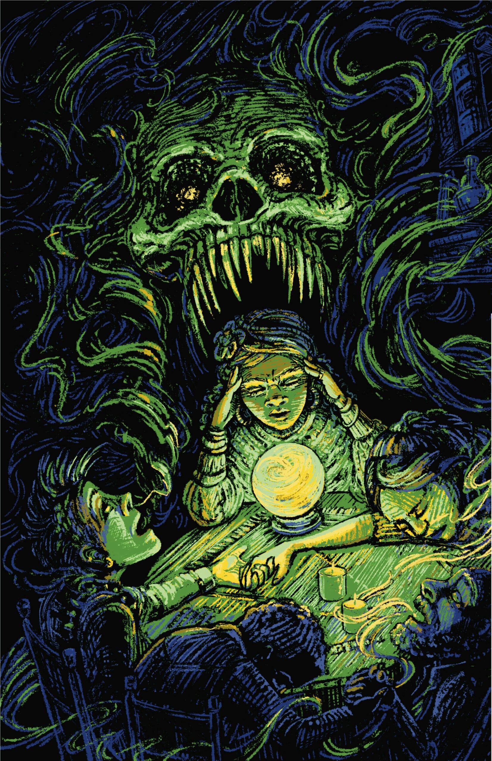 Fearful Ends art preview - skull appears over seance