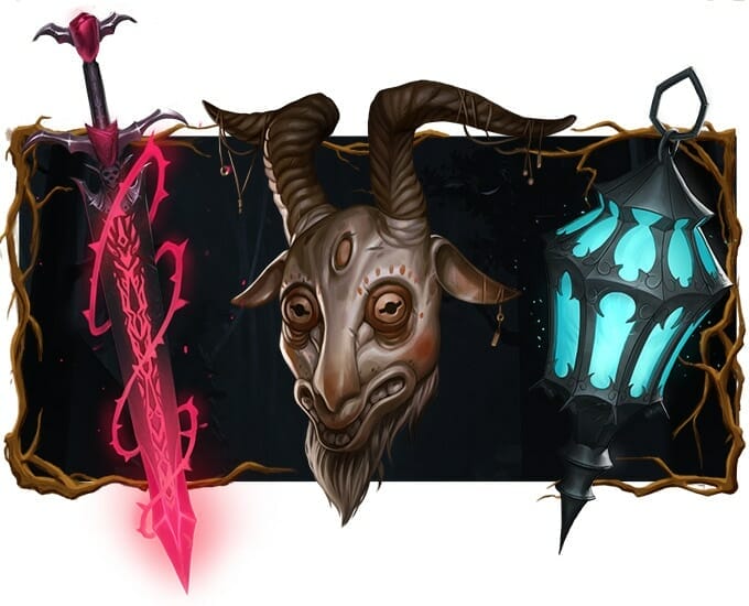 Sword, lantern and goat mask