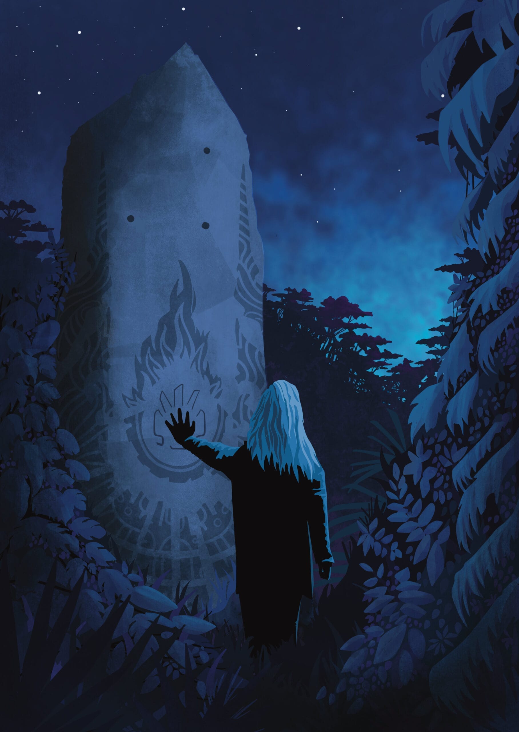 At night a long-haired person puts their hand on a standing stone