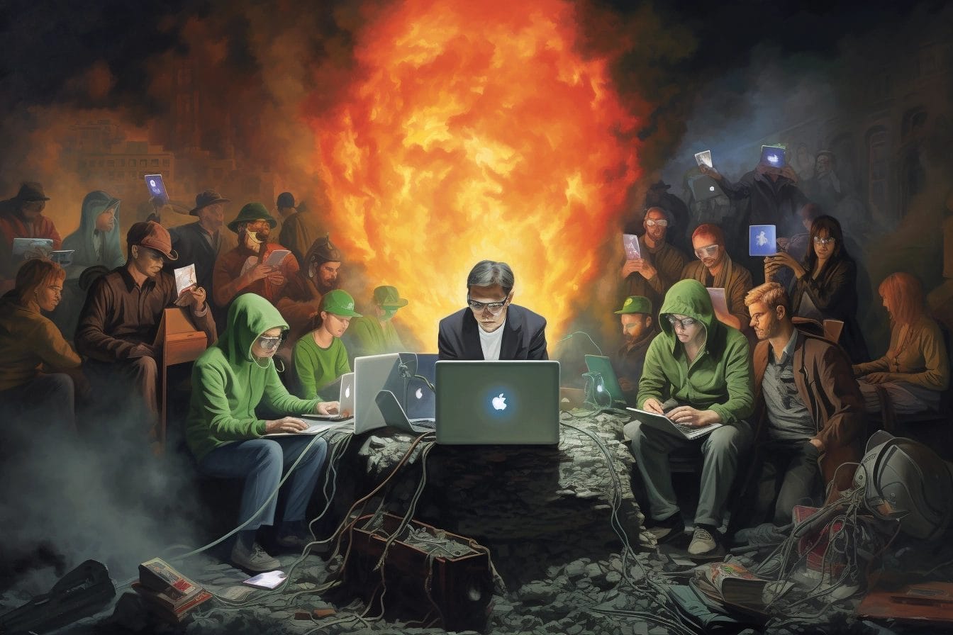 Burning remains and people on macbooks