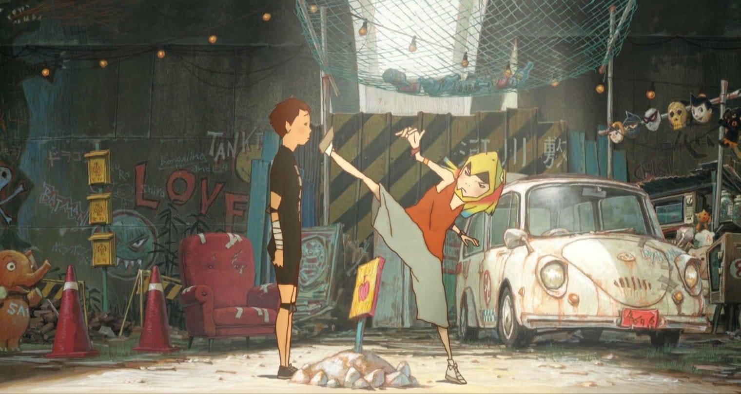 Tekkonkinkreet's White demonstrates a kick to Black