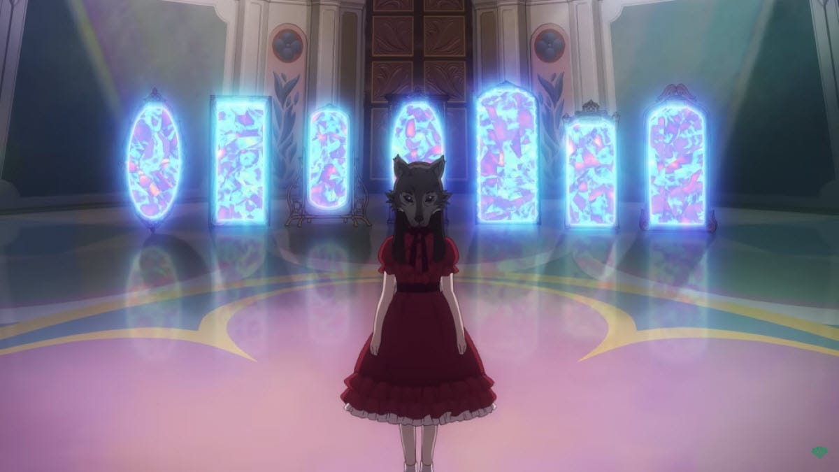 wolf girl stands in front of magic mirrors